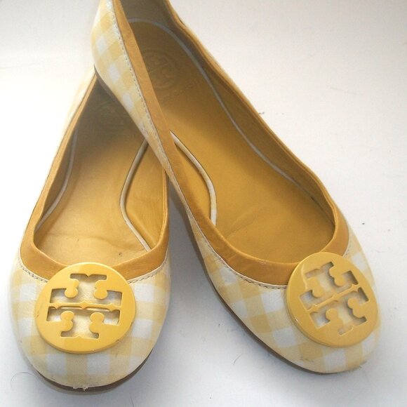 Tory Burch Minnie Yellow & White Gingham Ballet Flats w Yellow Patent Logo - Picture 1 of 9